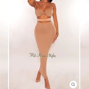 MOCHA TWO TONED CUT OUT STRAPLESS DRESS